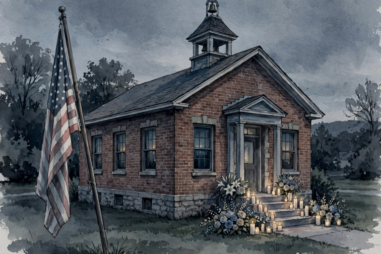 AI-generated illustration of an elementary school at dusk with an American flag at half-mast and candles at the entrance.