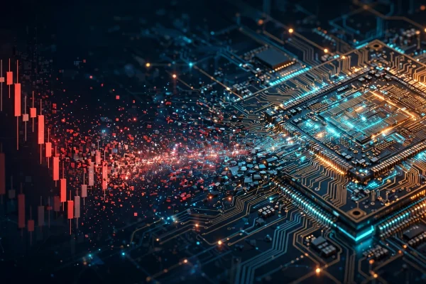 Illustration of a falling stock chart dissolving into a glowing computer chip