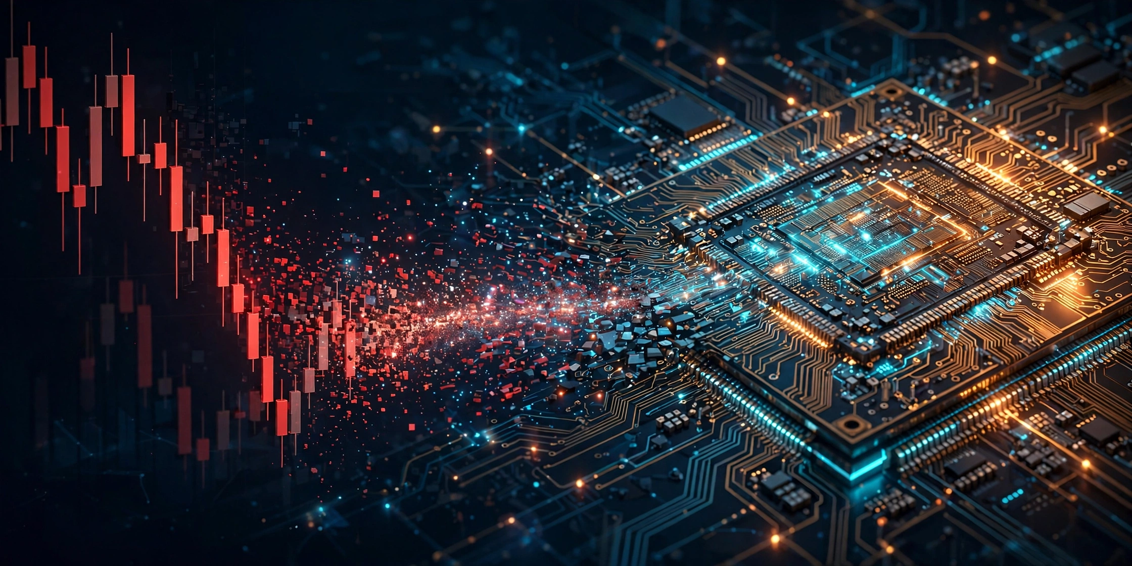 Illustration of a falling stock chart dissolving into a glowing computer chip