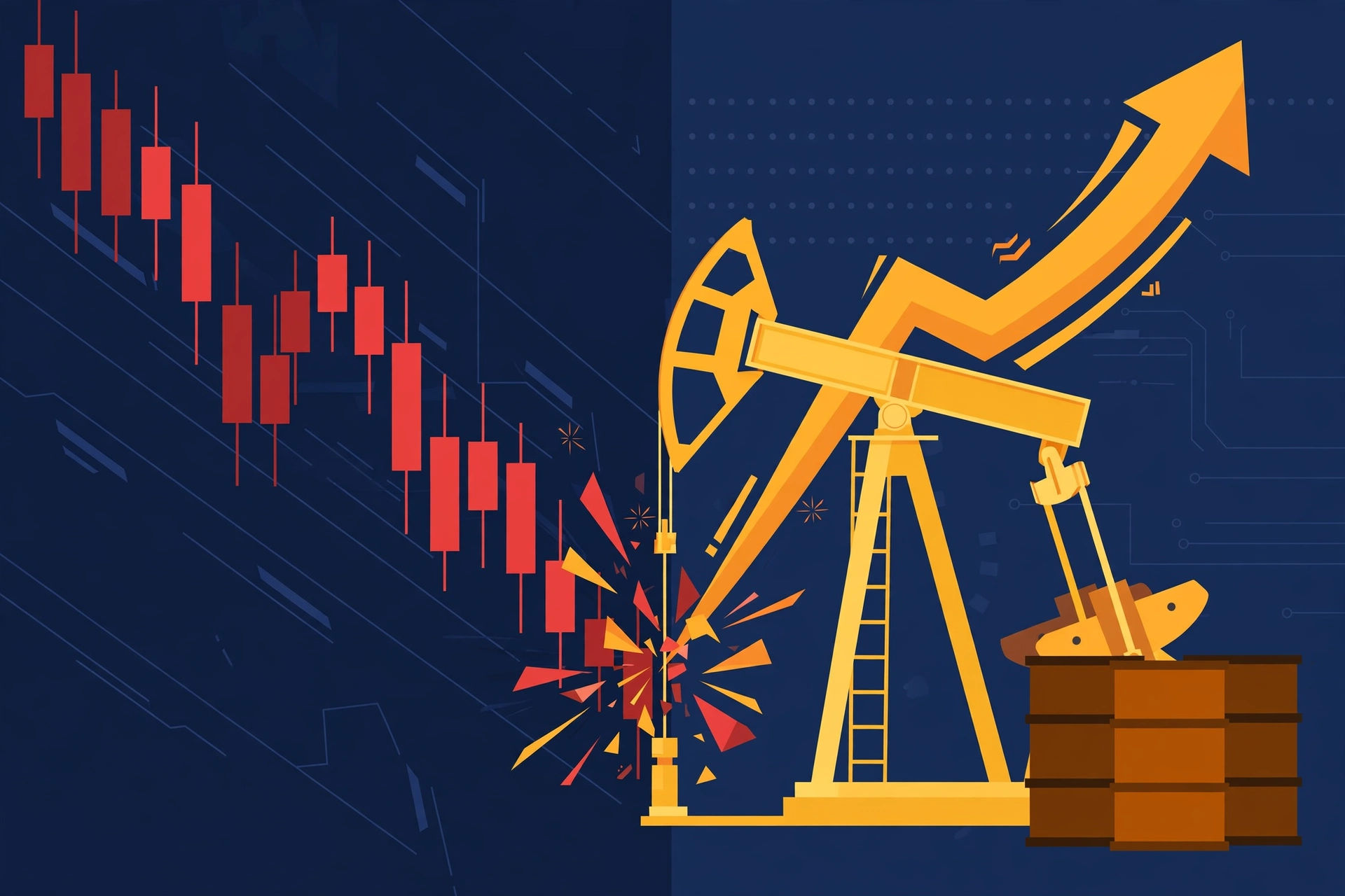 AI-generated illustration of falling stock charts and a rising oil price.
