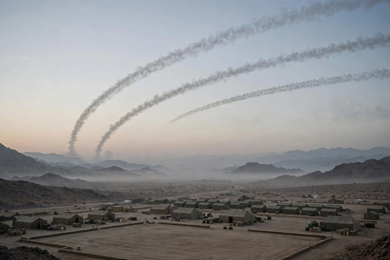 AI-generated illustration of missile trails over a desert training camp in Yemen's Shabwa province at dawn.