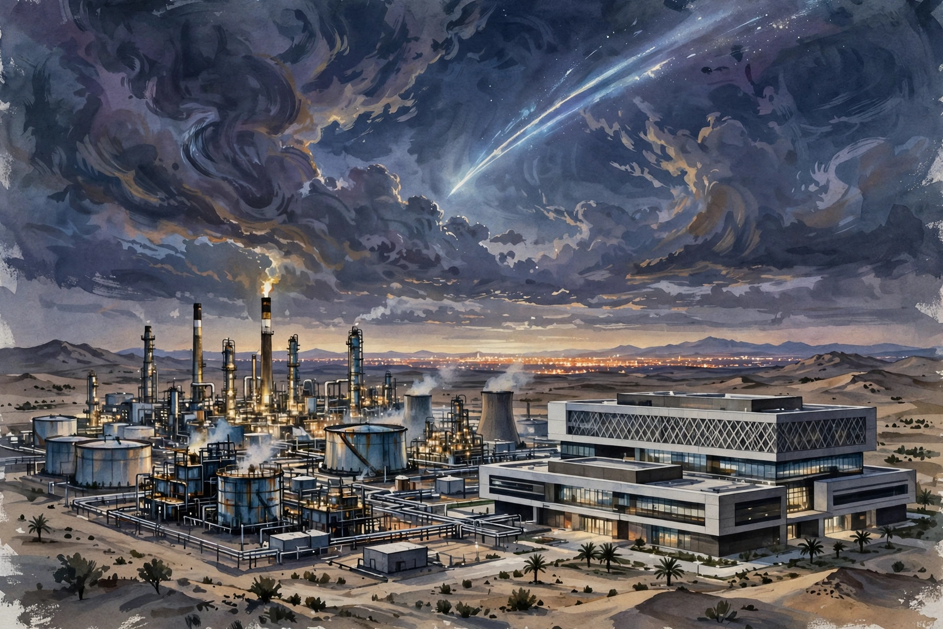 AI-generated illustration of an oil headquarters complex under a night sky.