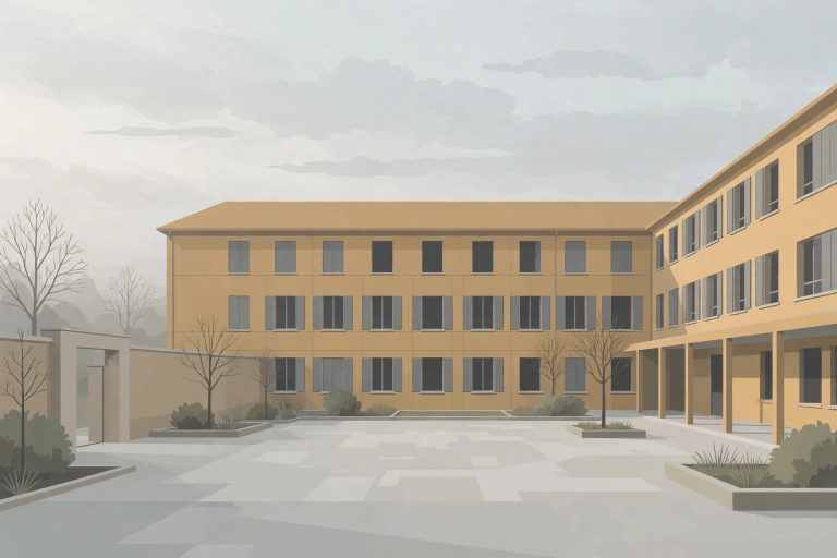 AI-generated illustration of an empty French middle-school courtyard at dawn.