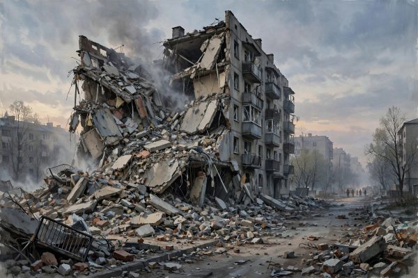 Illustration of a destroyed residential apartment building after the glide-bomb strike on Zaporizhzhia.