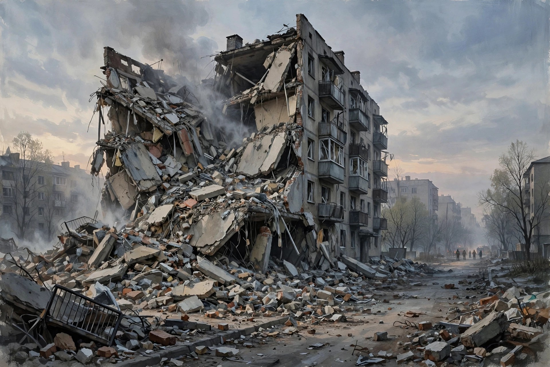 Illustration of a destroyed residential apartment building after the glide-bomb strike on Zaporizhzhia.