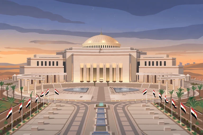 AI-generated illustration of Egypt's parliament building in the New Administrative Capital at dusk.