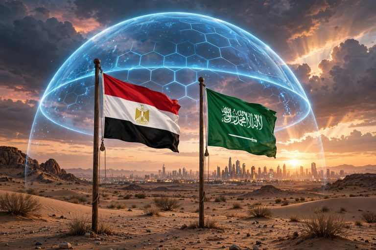 مصر اور سعودی عرب کے پرچموں کے ساتھ چمکتی دفاعی ڈھال کی AI سے تیار کردہ عکاسی۔