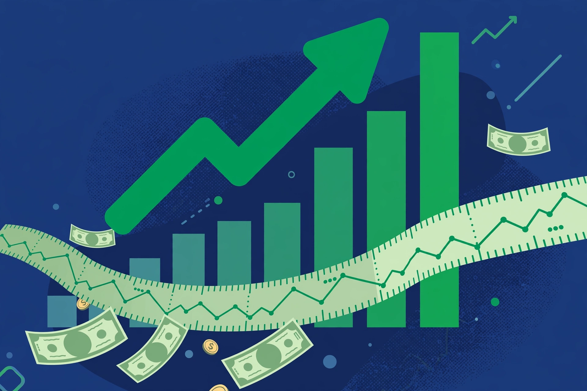 AI-generated illustration of a stock market rebound, with a rising arrow and bar charts.