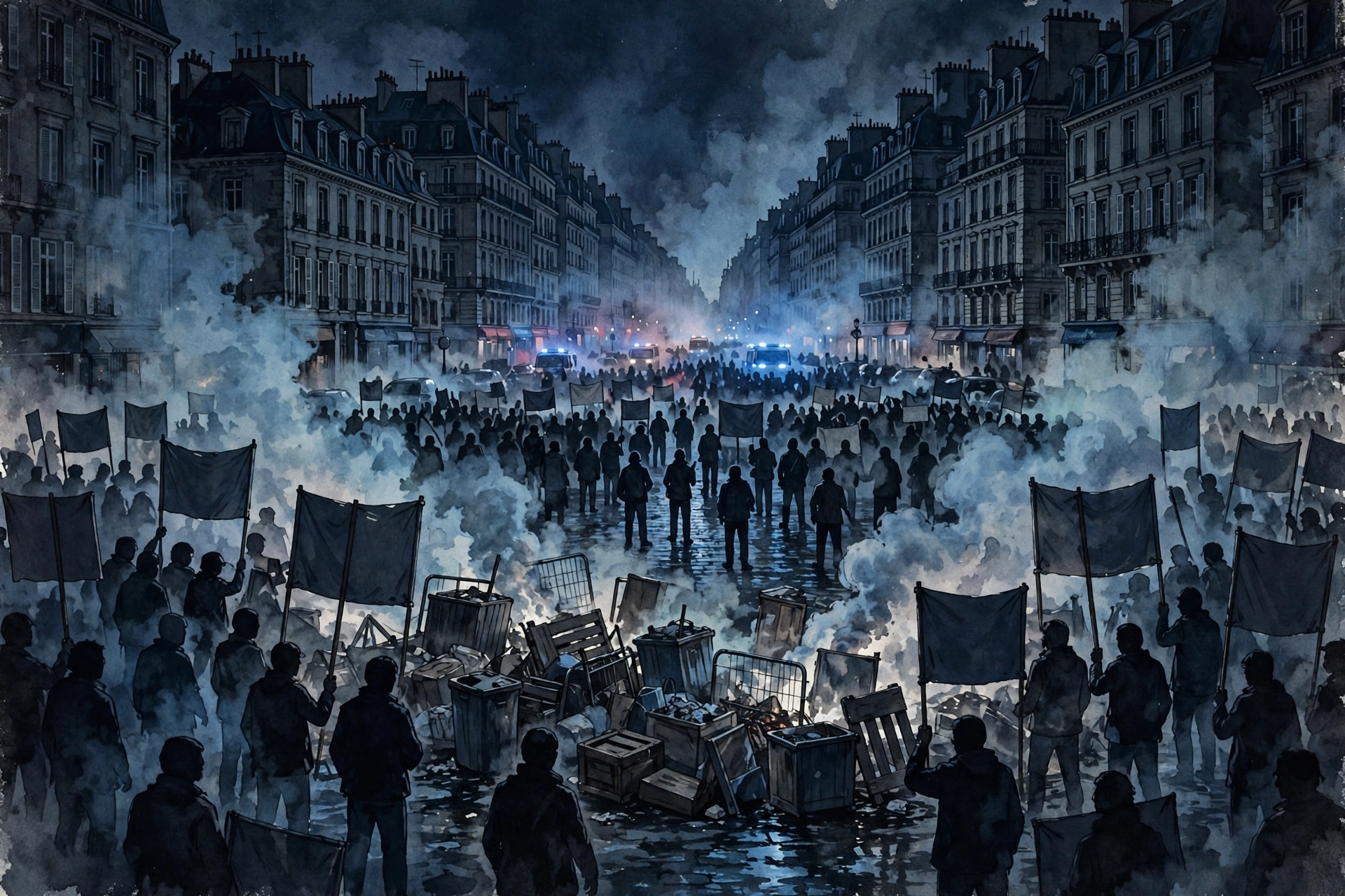 AI-generated illustration: a nighttime street protest in a European city, demonstrators with blank banners amid tear gas haze.