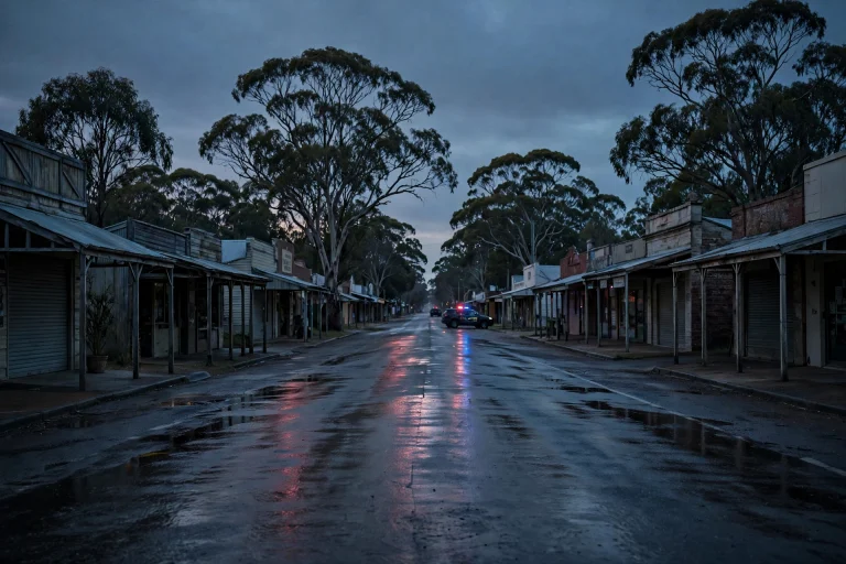 AI-generated illustration of an empty rural Australian main street at dusk with a police car in the distance.