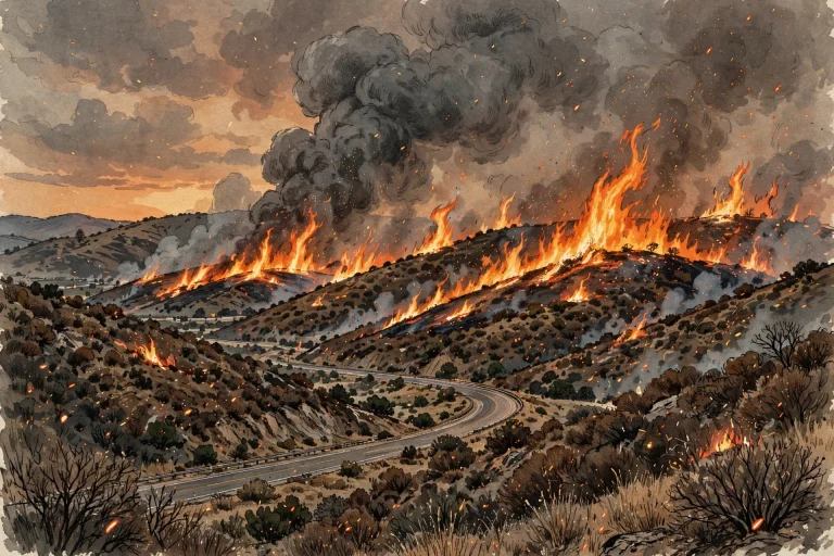 Illustration of a wildfire burning across brush-covered hills at dusk with a thick smoke plume.