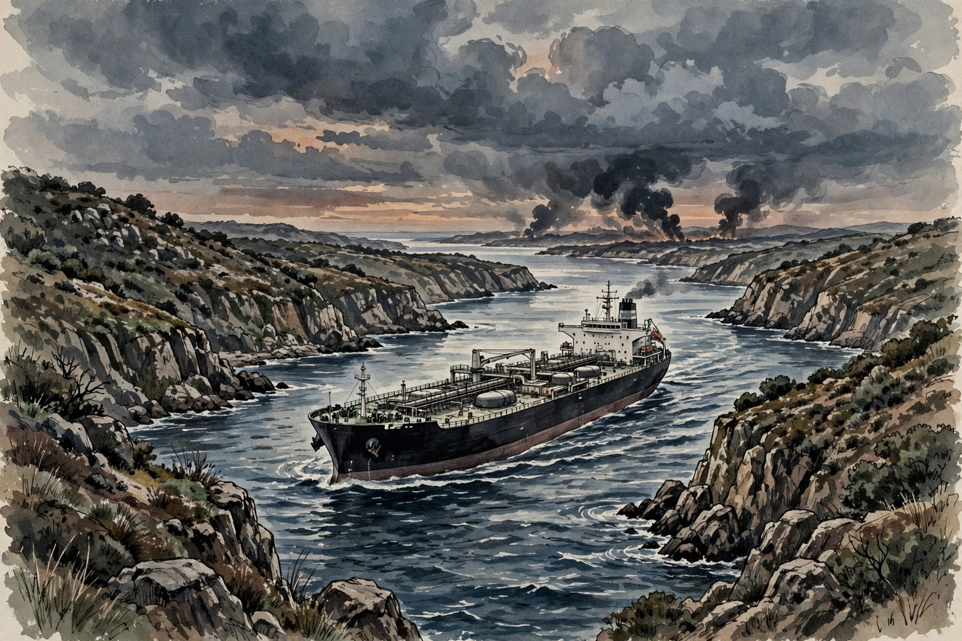 Illustration of an oil tanker sailing through a strait at dusk with smoke on the horizon.