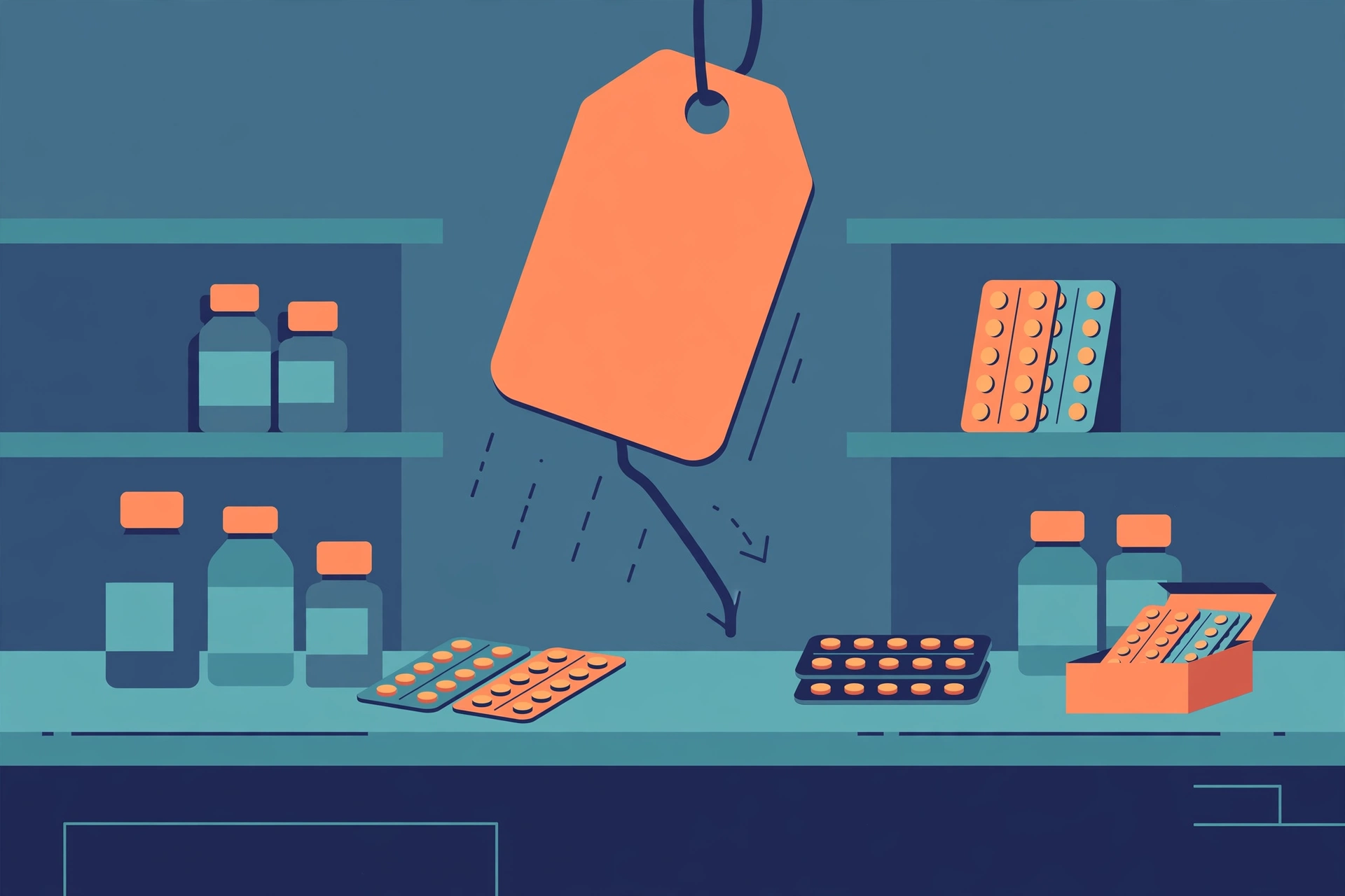 AI-generated illustration of medicine bottles and pill blister packs on a pharmacy shelf with a large price tag being lowered.