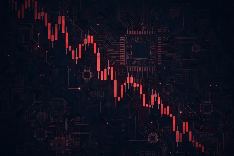 AI-generated illustration of a stock market chart plunging downward with AI circuit patterns and a computer chip motif.
