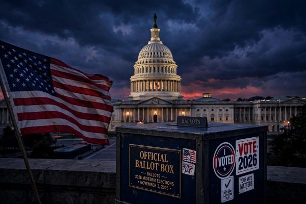 AI-generated illustration of the U.S. Capitol dome and a ballot box representing the 2026 midterm elections