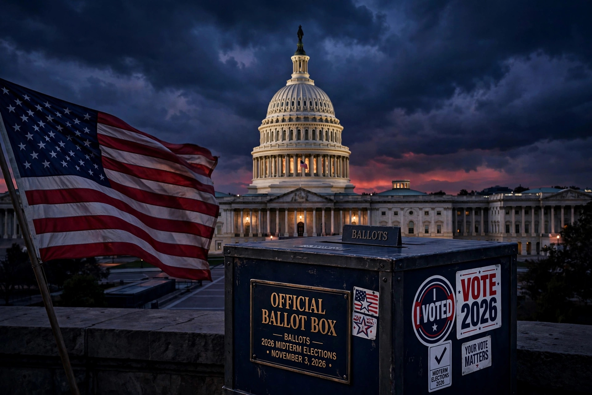 AI-generated illustration of the U.S. Capitol dome and a ballot box representing the 2026 midterm elections