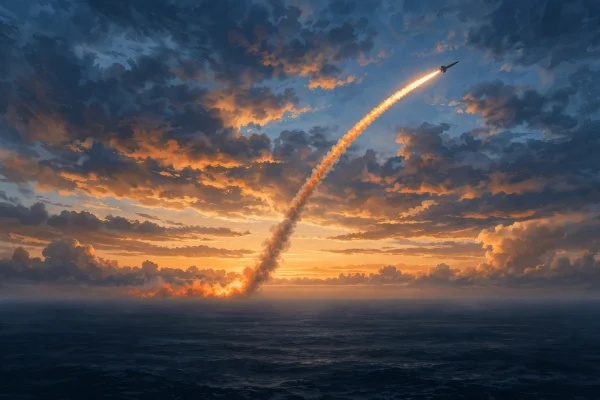 AI-generated illustration of a ballistic missile ascending over the sea at dawn.