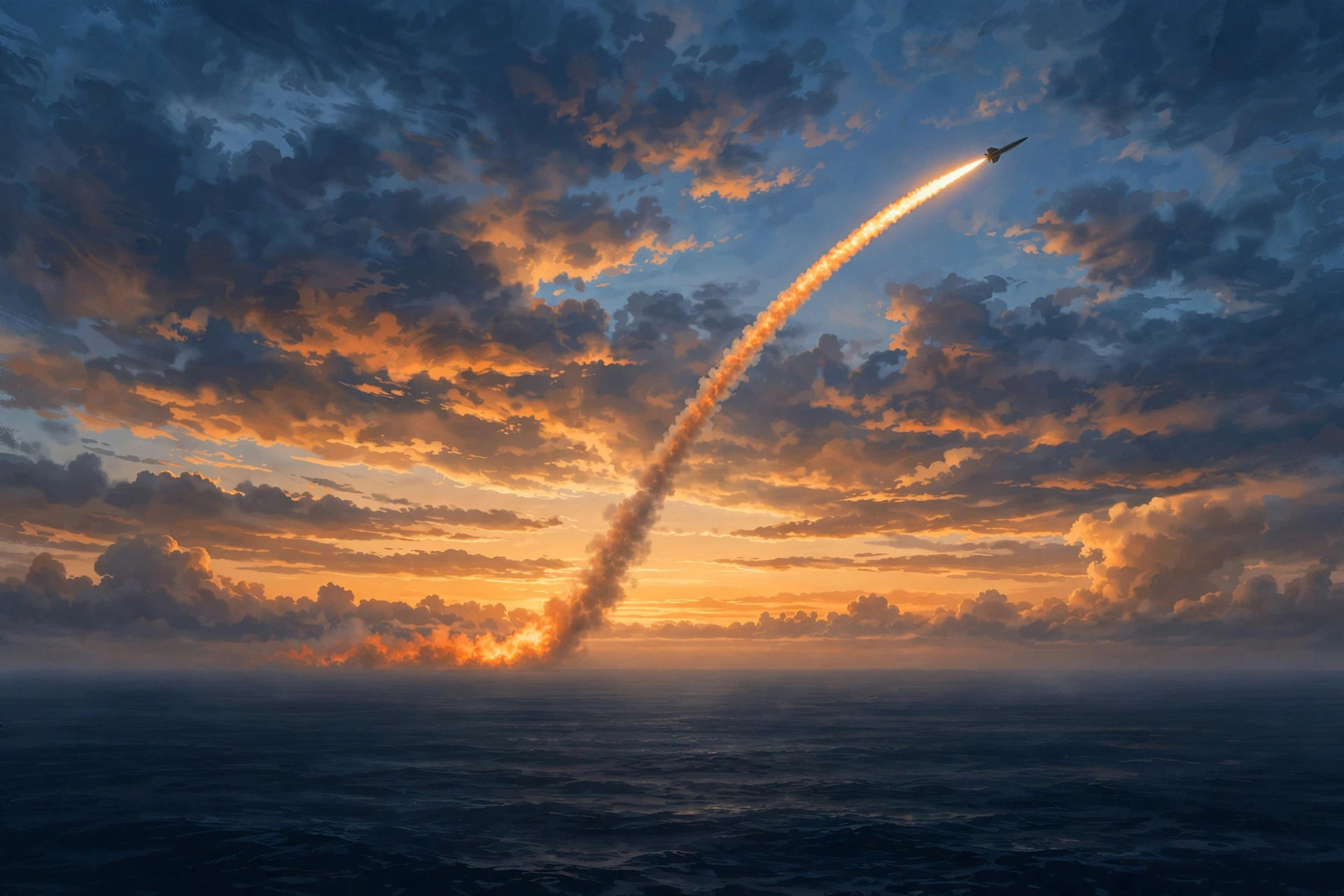 AI-generated illustration of a ballistic missile ascending over the sea at dawn.