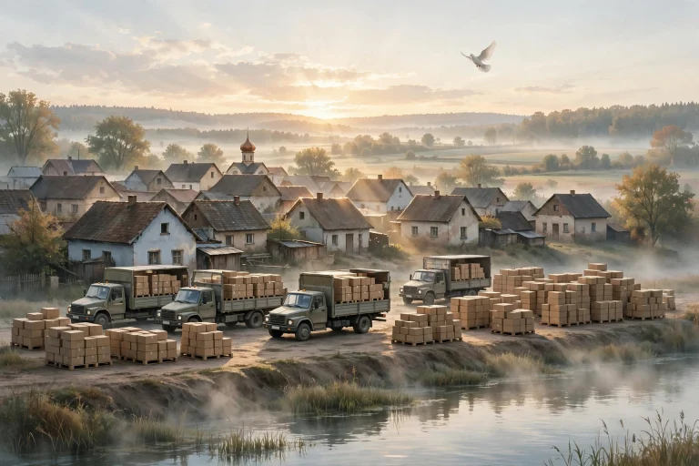 AI-generated illustration of humanitarian aid arriving at a riverside town in Ukraine.