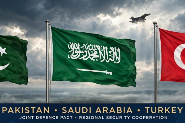 AI-generated illustration showing the flags of Pakistan, Saudi Arabia and Turkey representing the Makkah Joint Defence Agreement