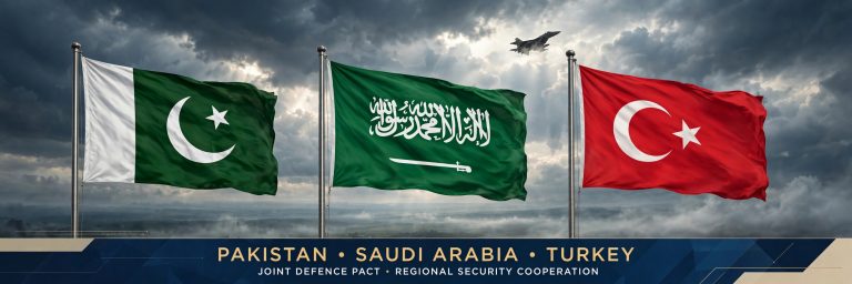 AI-generated illustration showing the flags of Pakistan, Saudi Arabia and Turkey representing the Makkah Joint Defence Agreement
