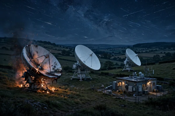 AI-generated illustration of a satellite communications ground station at night, with one dish damaged and glowing from fire.