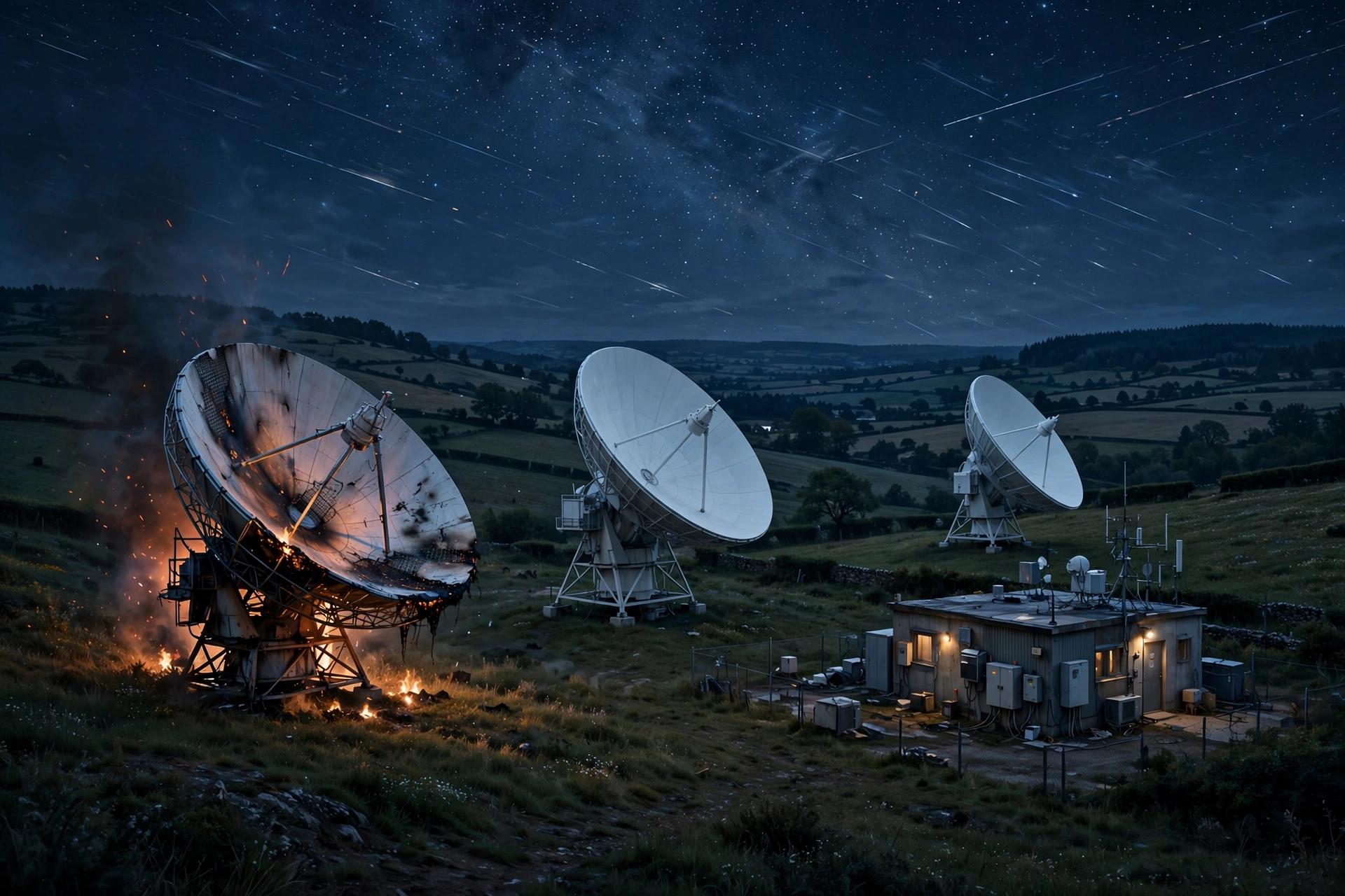 AI-generated illustration of a satellite communications ground station at night, with one dish damaged and glowing from fire.