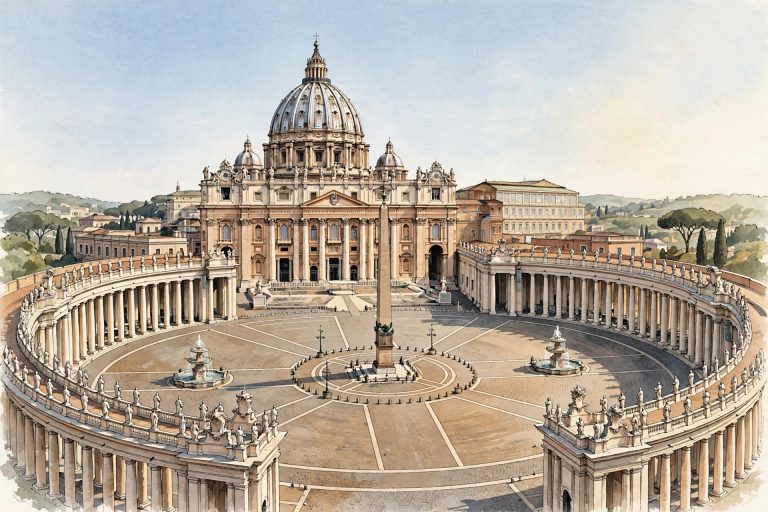 Illustration of St. Peter's Square in Vatican City on a clear day.
