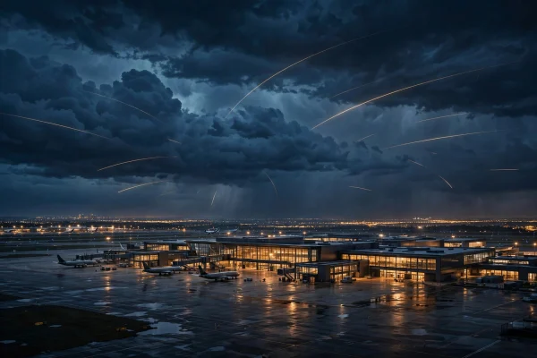 AI-generated illustration of an international airport terminal at night under stormy skies.