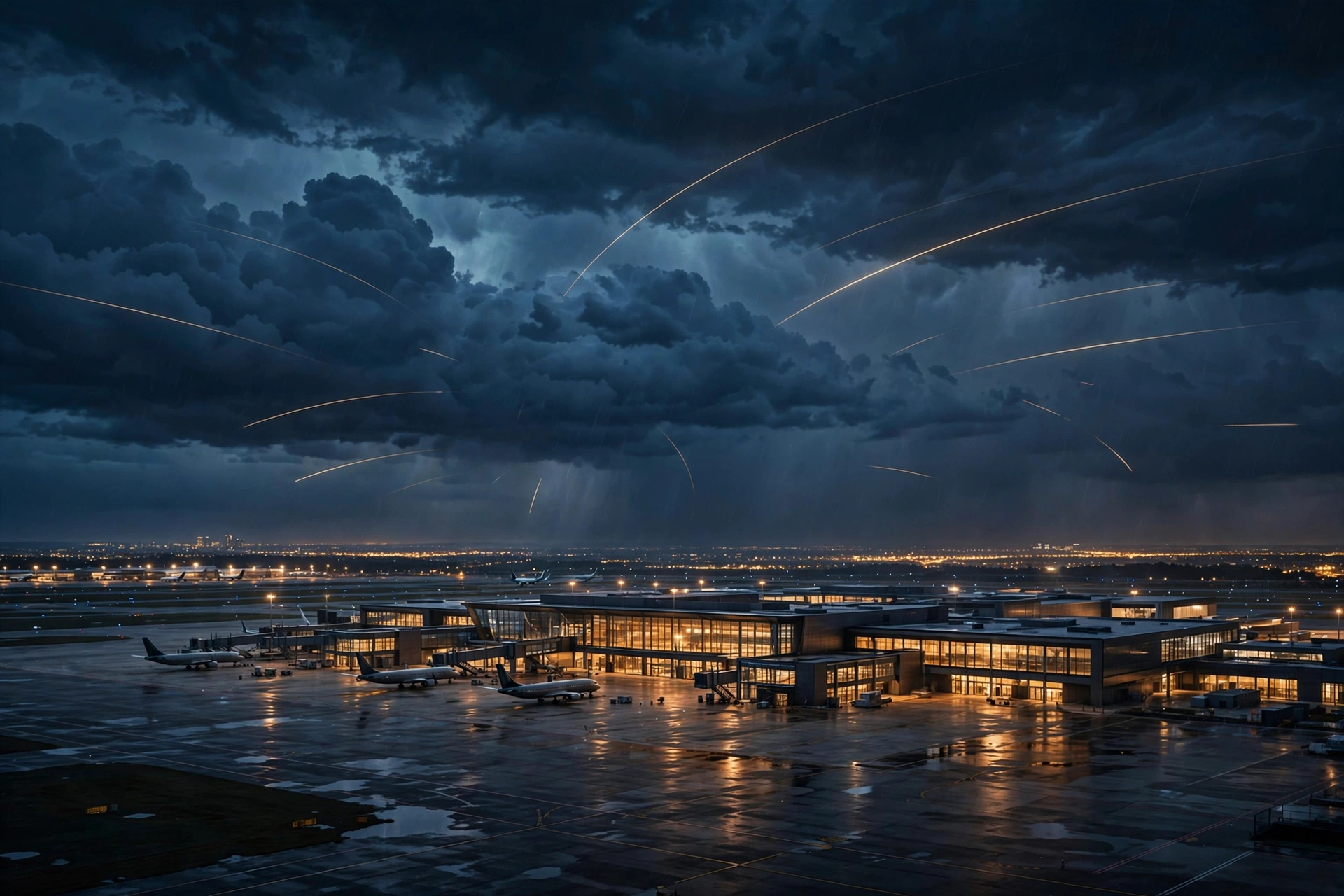 AI-generated illustration of an international airport terminal at night under stormy skies.