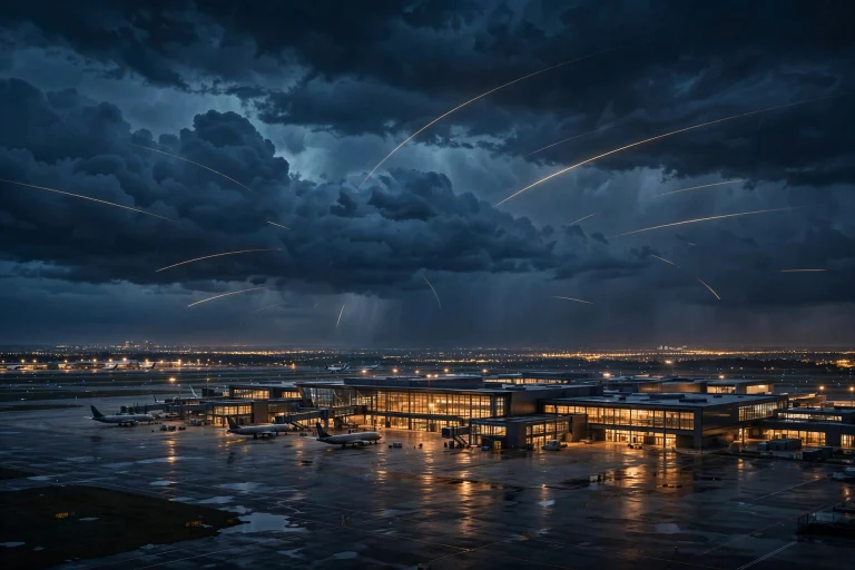 AI-generated illustration of an international airport terminal at night under stormy skies with light streaks overhead.