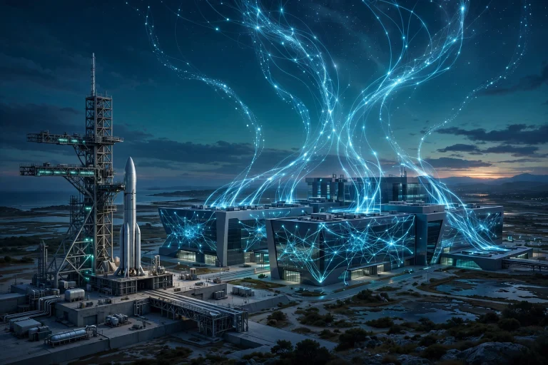 AI-generated illustration of a rocket launch pad next to a data-center complex with AI light streams.