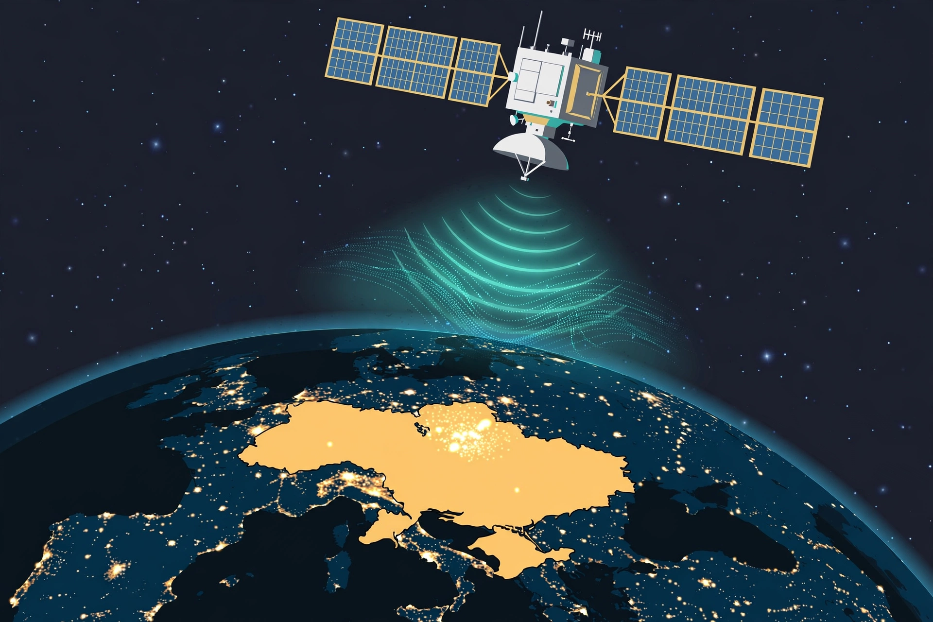 AI-generated illustration of a satellite beaming signals down to Earth over Ukraine.