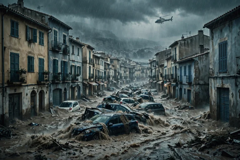 AI-generated illustration of a flooded Spanish town street with a rescue helicopter overhead during Storm Adam.