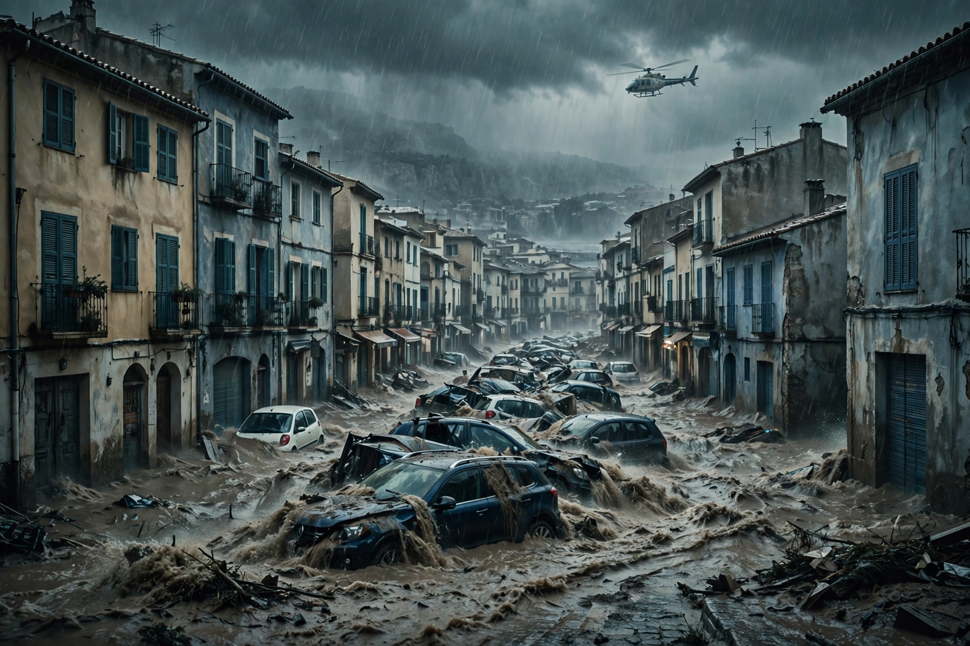 AI-generated illustration of a flooded Spanish town street with a rescue helicopter overhead during Storm Adam.