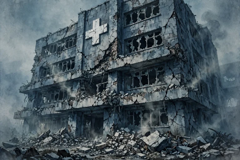 AI-generated illustration of a dark, damaged hospital building with a medical cross, cracked walls and rising smoke.