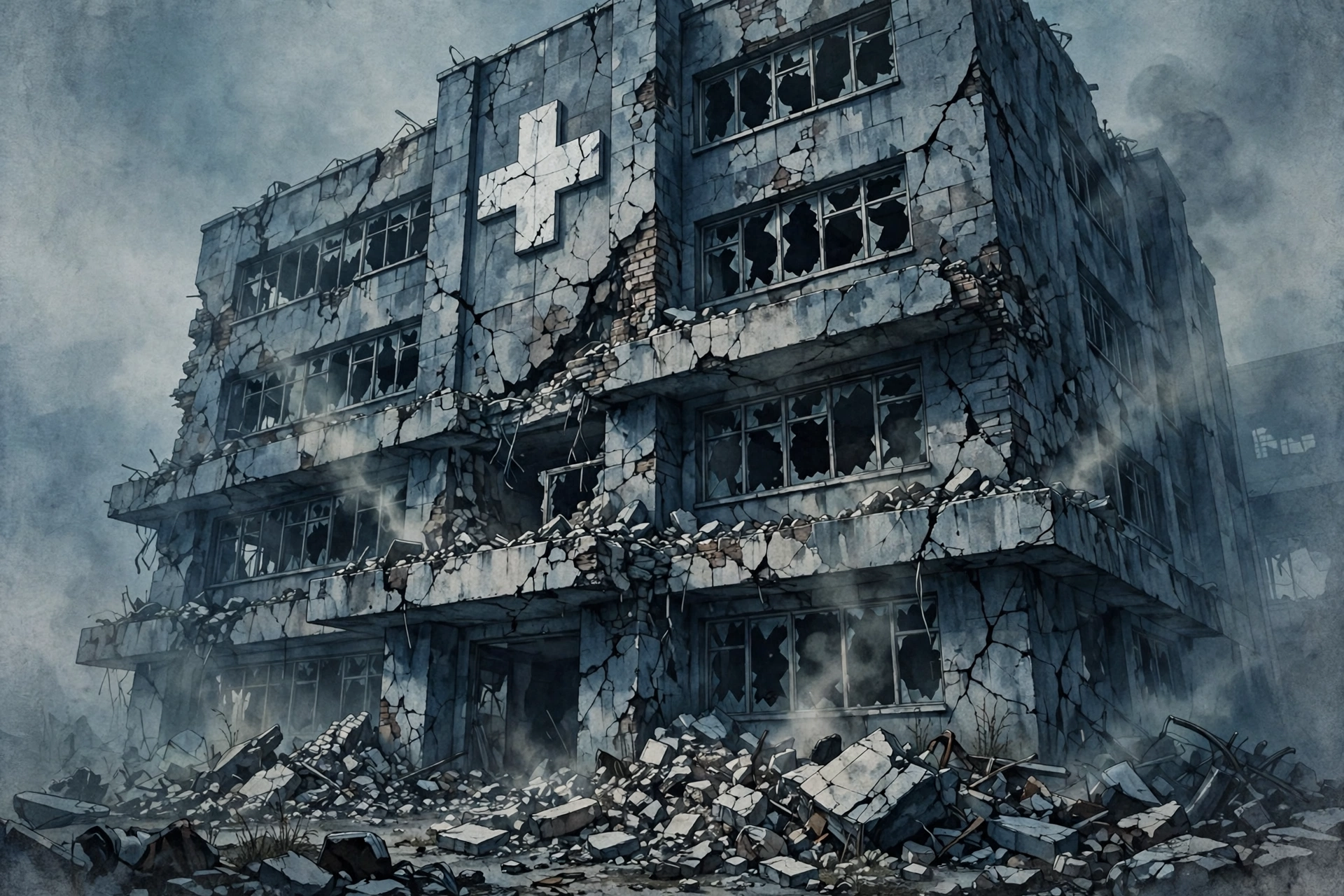 AI-generated illustration of a dark, damaged hospital building with a medical cross, cracked walls and rising smoke.