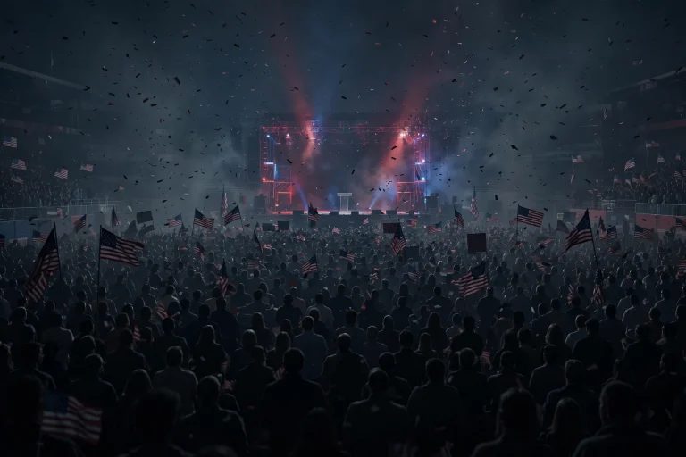 AI-generated illustration of a nighttime campaign rally arena with stage lights and crowd.