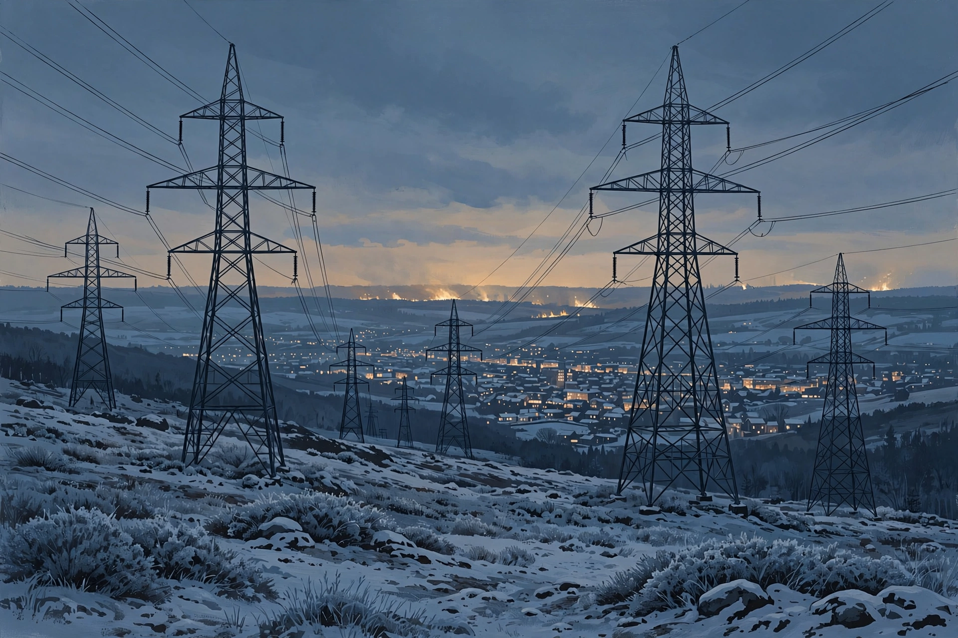 AI-generated illustration of high-voltage power lines crossing a snowy landscape at dusk.