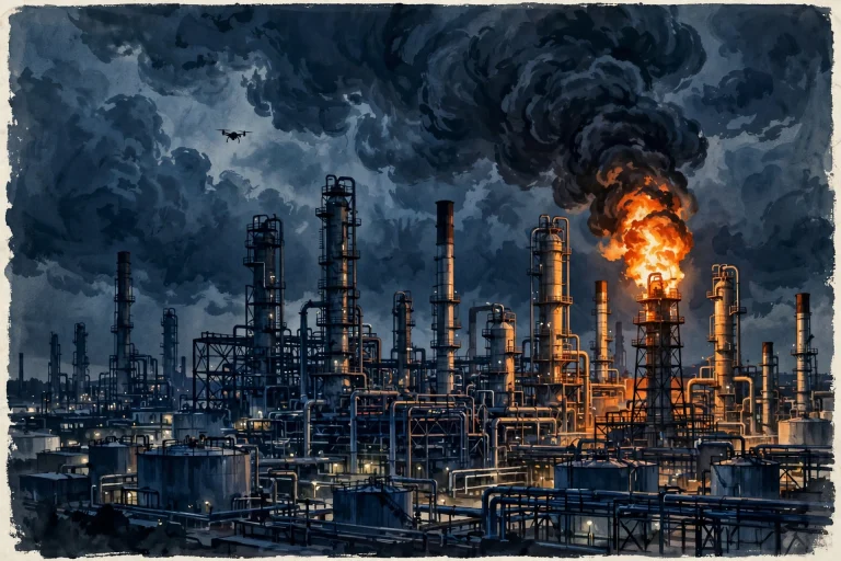 AI-generated illustration of an oil refinery at night with fire and a drone in the sky.