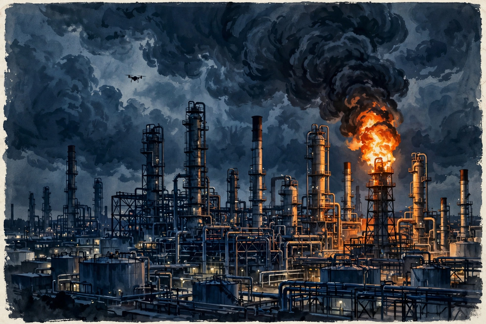 AI-generated illustration of an oil refinery at night with fire and a drone in the sky.