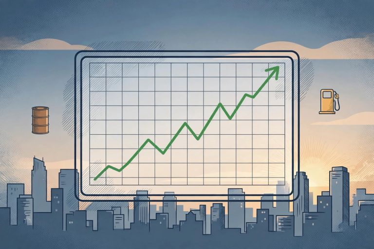 Illustration of a rising green stock-market chart with an oil barrel and fuel pump icons.