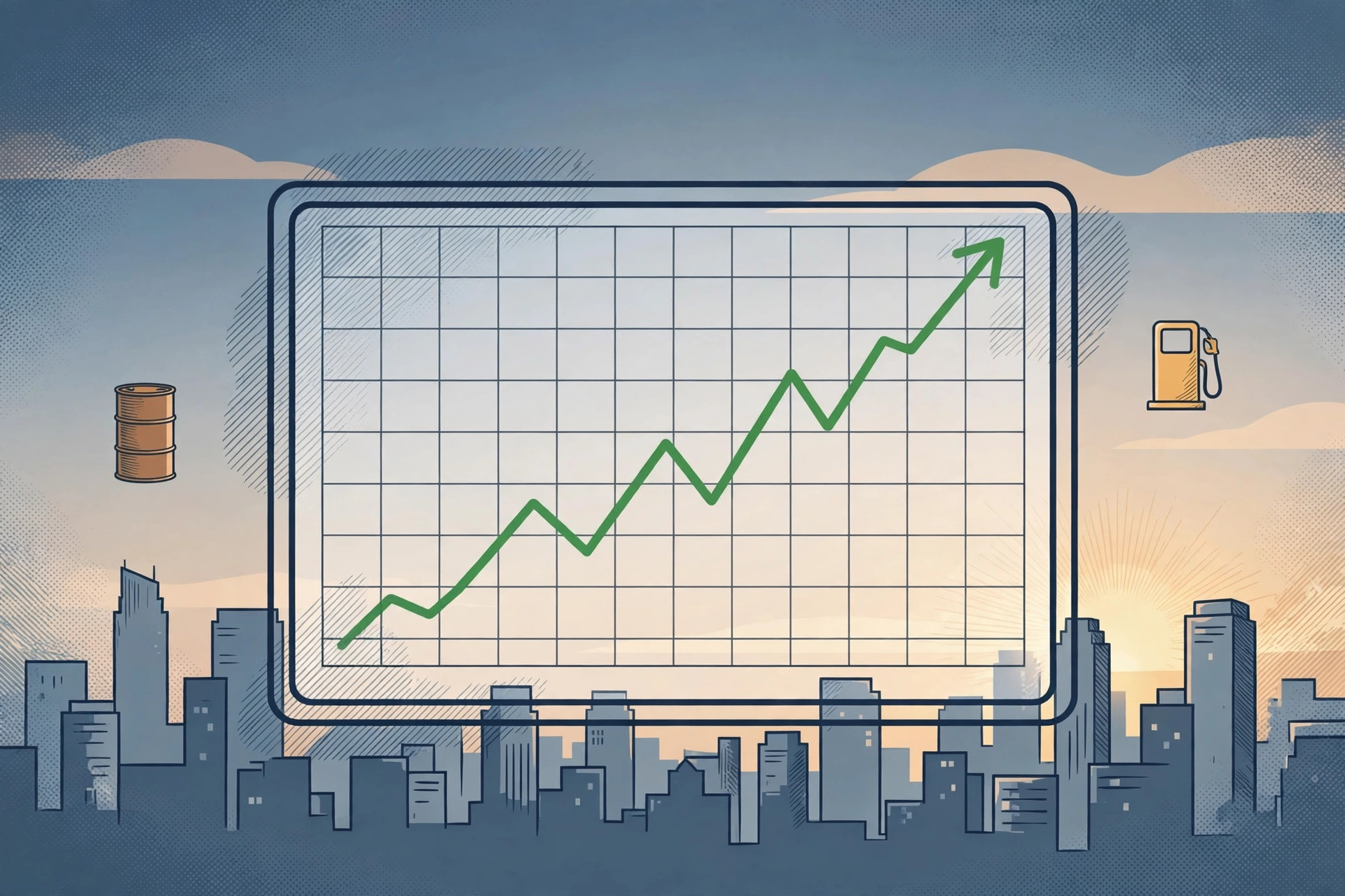 Illustration of a rising green stock-market chart with an oil barrel and fuel pump icons.