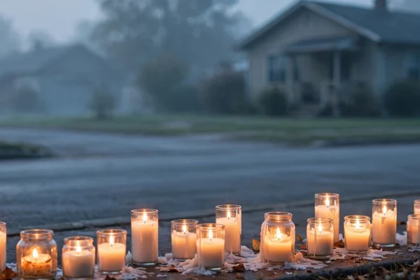 Illustration of lit memorial candles at dawn outside a suburban house