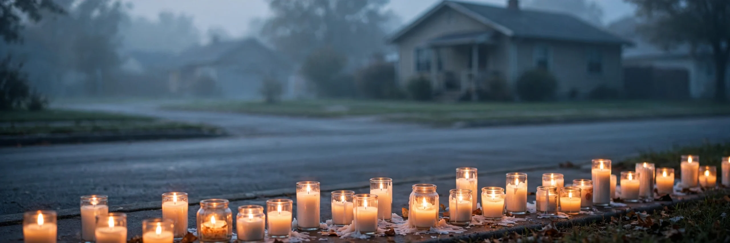 Illustration of lit memorial candles at dawn outside a suburban house