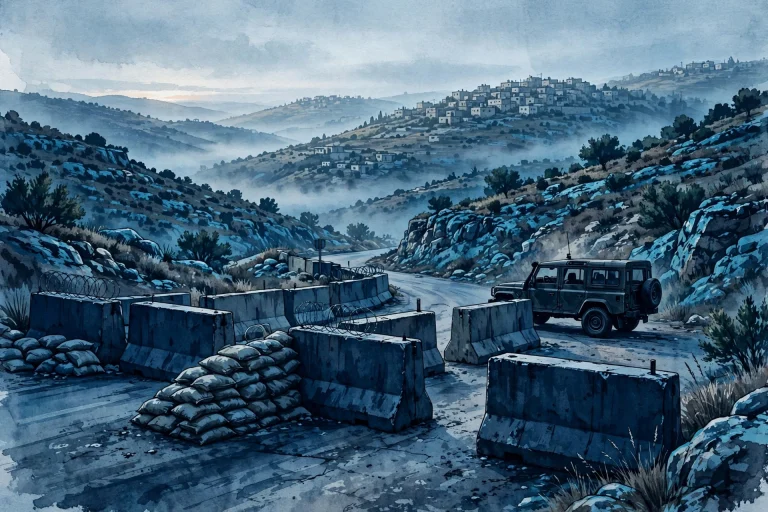 AI-generated illustration of a security checkpoint in hilly West Bank terrain near Hebron at dawn.