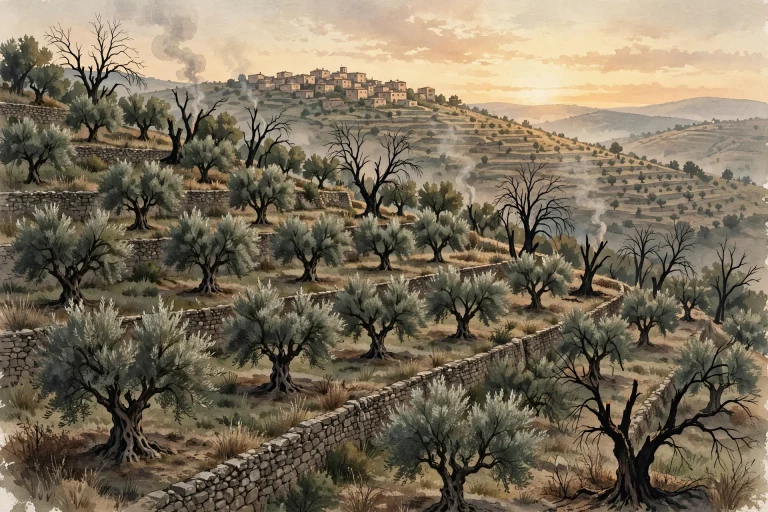 AI-generated illustration: terraced West Bank olive grove, scorched trees, village on a hill.