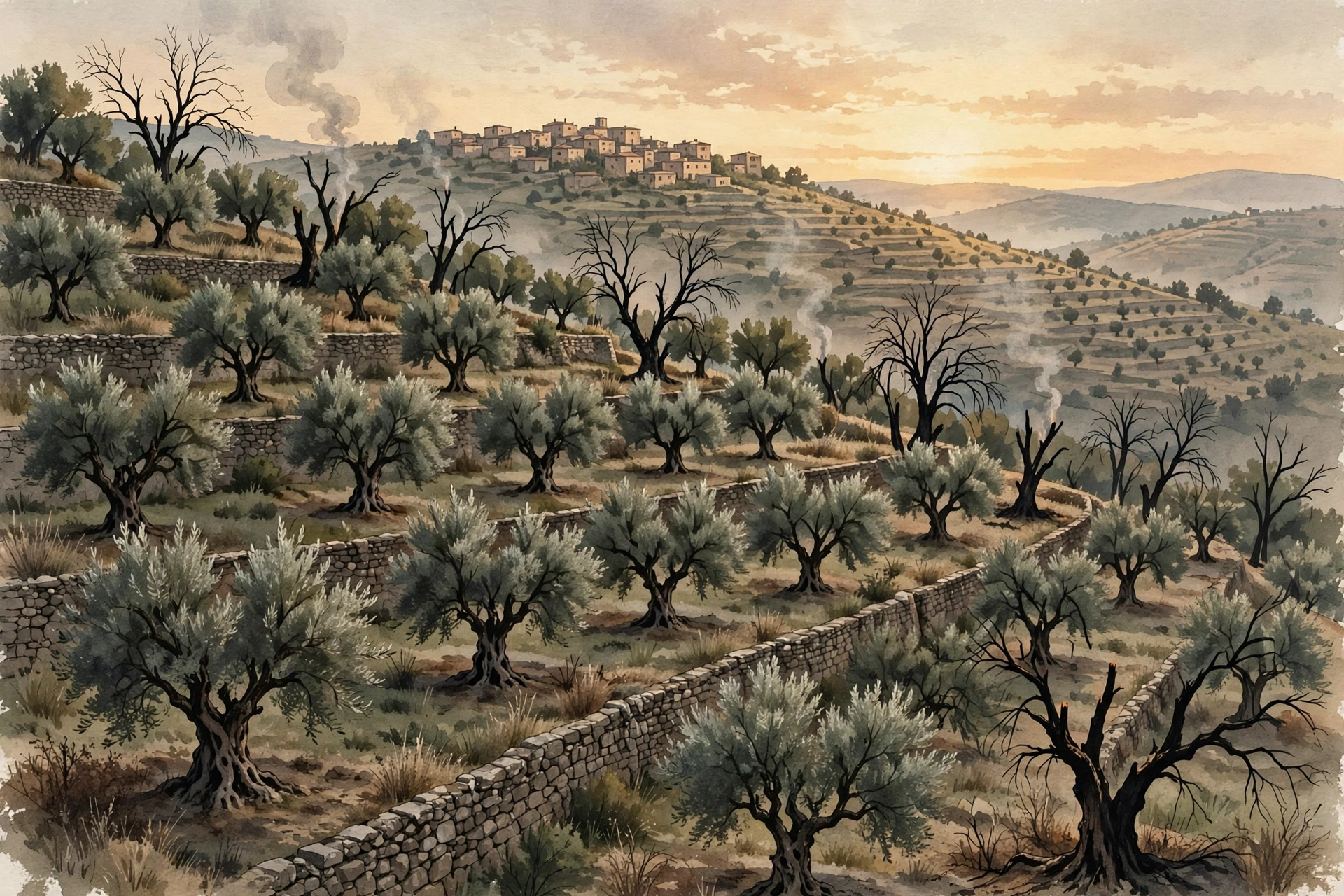 AI-generated illustration: a terraced West Bank olive grove with some scorched trees and wisps of smoke, a village on a distant hill.