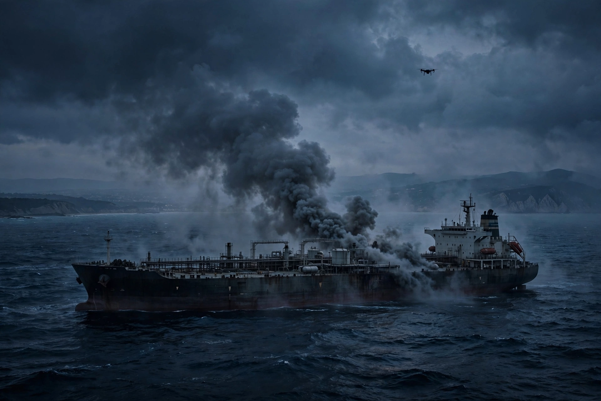 AI-generated illustration of a tanker with smoke rising on the sea and a drone in the sky.