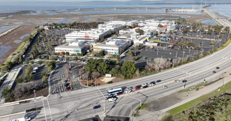Aerial view of Meta's headquarters campus in Menlo Park, California